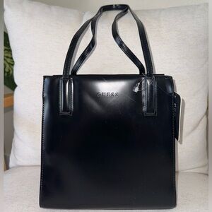 New Guess Black Patent Glossy Faux Leather Women’s Tote Shoulder Bag Purse NWT
